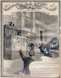 1789: Erklärung der Menschen- und Bürgerrechte: Achtung der Redefreiheit. Gravur in "Das einzigartige Buch der Moral und staatsbürgerlichen Unterweisung, bestimmt für die Schüler der drei Kurse der Grundschule und für die Schüler der Grundklassen der Gymna