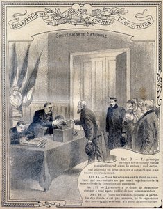 1789: Erklärung der Menschen- und Bürgerrechte: Nationale Souveränität. Gravur in "Le livre unique de morale et d