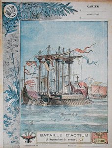 Deckblatt eines Schulheftes, das die Schlacht von Actium am 2. September 31 v. Chr. darstellt, ca. 1900