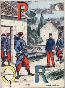Buchstaben P Q und R: Post, Qui vive! und Offiziersrunde. Gravur in "Alphabet militaire", Grand-Bebe-Serie. Gravur. Pont-a-Mousson Imaging. Louis Vagne, Drucker-Verleger, um 1900. Illustrationen von G. Dascher. 20 Seiten. Dim: 31,5x24,5cm