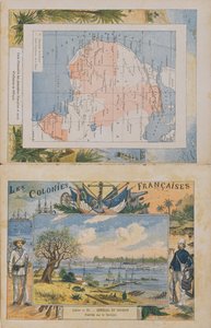 Karte der französischen Besitzungen und Einflussbereiche in Afrika und eine Ansicht des Flusses Senegal, Umschlag eines Schulheftes, späte 19. Jahrhundert