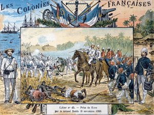 Die Belagerung von Kana durch General Alfred-Amedee Dodds (1842-1922) am 6. November 1892, graviert von L. Geisler