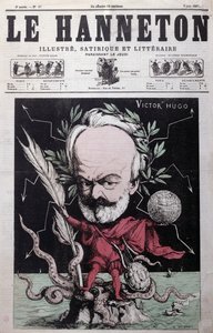 Karikatur von Victor Hugo (1802-85) als Zeus im Exil auf Guernsey vom Titelblatt von Le Hanneton, Juni 1867 von G. Deloyoti