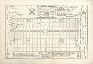 Der erste Plan für Philadelphia, entworfen von William Penn und Thomas Holme im Jahr 1682, 1684