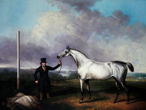 Herr, der ein graues Rennpferd auf einer Rennbahn hält von G. Jackson