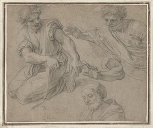 Studien eines knienden Mannes, Halbfigur, Arm und Büste