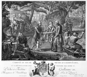 Henri IV (1553-1610) versöhnt Friedrich Wilhelm II (1744-97) und Voltaire (1694-1778) auf den Elysischen Feldern, 2. Hälfte des 18. Jahrhunderts von G. Texier