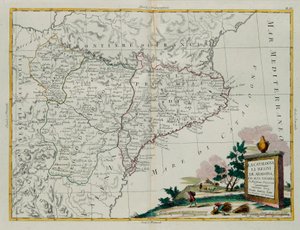 Katalonien, die Königreiche Aragon und Alta Navarra, Stich von G. Zuliani aus Band I des Neuesten Atlas, veröffentlicht in Venedig 1775 von Antonio Zatta, Privatsammlung
