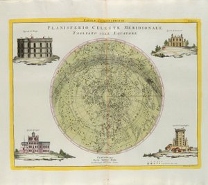 Kosmographische Platte des südlichen Himmelsplanisphären, am Äquator geschnitten, Gravur von G. Zuliani aus Band I des Neuesten Atlas, veröffentlicht in Venedig 1777 von Antonio Zatta