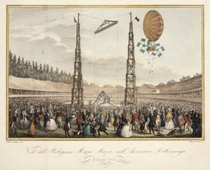 Flucht des Bologneser Muzio Muzzi (1809-46) im Luftschiff Retirremiga, 1838 von G. after Meloni