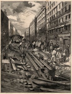 Die Belleville-Standseilbahn, verlegte die Strecke, rue de Belleville im Jahr 1894. Kupferstich nach einer Zeichnung von M.G. de Burgrraff. In 