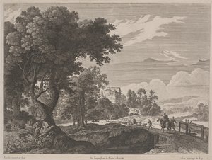Landschaft mit Reisenden, die eine Brücke überqueren