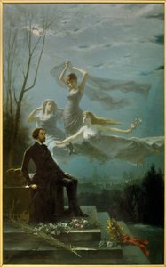 Romantik: „Die Nächte von Musset“. Der französische Dichter Alfred de Musset (1810-1857) wird von den Musen zur Niederschrift von „Die Nächte“ inspiriert. Gemälde von Gabriel Aimable de la Foulhouze (1825-1887). 1886. Öl auf Leinwand. Clermont-Ferrand von Gabriel Amable de Lafoulhouze