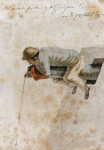 Ein fischender Matrose, der auf einer Kanone sitzt