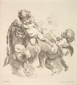 Drei Kinder unter Wolken, die ein Tuch tragen von Gabriel Huquier
