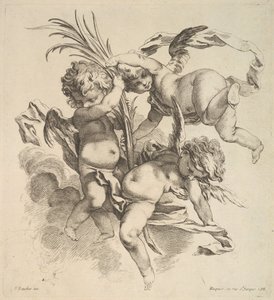 Drei Kinder unter Wolken in der Nähe eines Palmblattes, 1738-45 von Gabriel Huquier