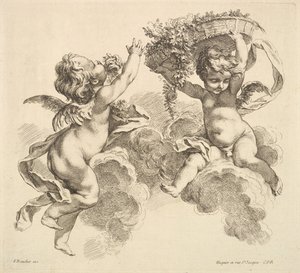 Zwei Kinder, eines hält einen Korb mit Blumen, 1738-45 von Gabriel Huquier