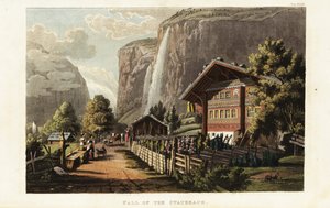 Ansicht des Staubbachfalls, ein Wasserfall in der Schweiz, westlich oberhalb von Lauterbrunnen im Berner Oberland gelegen von Gabriel Ludwig (after) Lory
