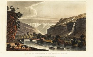 Ansicht der Gletscher; Alpen; Wasserfall und Brücke über den Gadmerwasser bei Wiler; Berner Oberland Alpen, Schweiz von Gabriel Ludwig (after) Lory