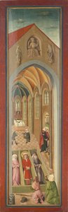 Tafel des St. Veits-Altars aus der Klosterkirche Tegernsee, Die Heiligen Veit, Modestus und Kreszentia in ihren Särgen, von einem Pilgerpaar verehrt von Gabriel Maeleßkircher
