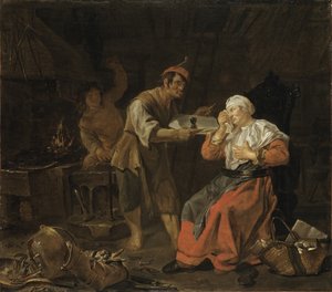 Weinende Frau in einer Schmiede, ca. 1650 von Gabriel Metsu