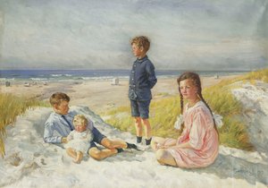 Erik, Else, Ove und Birthe Schultz am Strand von Gabriel Oluf Jensen