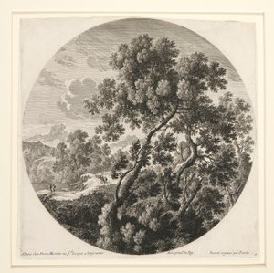 Landschaft mit zwei Reisenden und einer Burg; und Hirte, Schafe und Rinder in einer Landschaft, aus einer Serie von sechs Landschaften von Gabriel Perelle