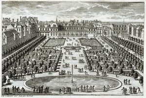 Ansicht des Parc du Palais Royal in Paris. Gravur von Perelle, Ende 17. Jahrhundert