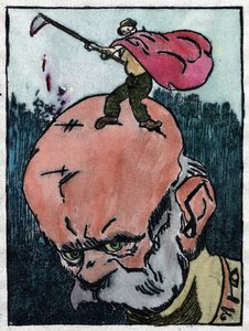 Franz Joseph I. von Österreich mit dem Tod auf seinem Kopf, der ausruft: Was für ein harter Kopf! 1915 (Gravur)