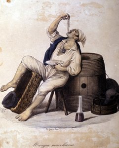 Neapolitaner essen Makkaroni. Lithographie von Dura