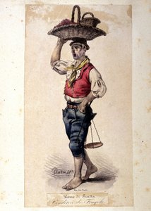 Neapolitanischer Kleinhandel: der Erdbeerverkäufer. Lithographie von G. Dura