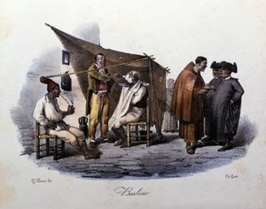 Kleines Metier der Stadt Neapel: ein gehender Barbier und Plauderei auf der Straße. Lithographie von G. Dura