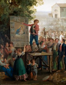 Ein Straßenkünstler singt die Wunder der Jungfrau beim Fest der Madonna dell