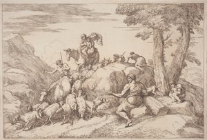 Eine pastorale Reise mit Mutter und Kind zu Pferd und einem älteren Hirten, der sitzt von Gaetano Zompini, after Giovanni Benedetto Castiglione