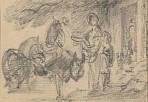 Figuren und Pferde in der Nähe einer Tür