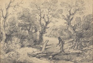 Landschaft mit Figur auf einer Fußgängerbrücke