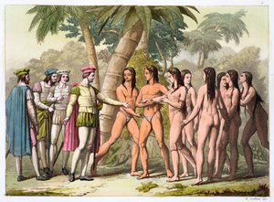 Christopher Columbus mit Hernando Cortes, der ein indianisches Mädchen als Geschenk erhält