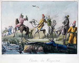 Kirgisische Jäger beim Schießen und Jagen mit Falken, Illustration aus 