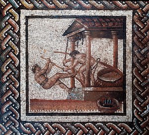 Eine Ölpresse (Mosaik, Ende 2. Anfang 3. Jahrhundert) von Gallo Roman