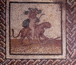Gallorömische Kunst: Mosaikpflaster, das einen rustikalen Kalender darstellt. Allegorie des Herbstes auf einem Tiger sitzend. Ende 2. Anfang 3. Jahrhundert n. Chr. Aus Saint-Romain-en-Gal (Rhône). Saint Germain en Laye, Nationalmuseum für Archäologie