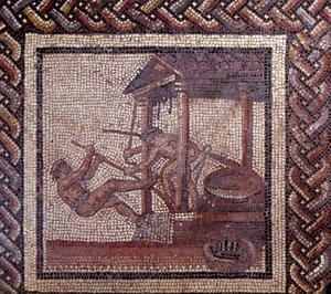 Gallorömische Kunst: Mosaikpflaster, das einen rustikalen Kalender darstellt. Eine Ölpresse. Ende 2. Anfang 3. Jahrhundert nach Christus. Aus Saint-Romain-en-Gal (Rhone). Saint Germain en Laye, Nationalmuseum für Archäologie von Gallo Roman
