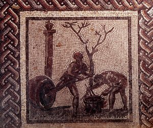 Gallorömische Kunst: Mosaikpflaster, das einen rustikalen Kalender darstellt. Szene des Krugtragens. Ende 2. Anfang 3. Jahrhundert n. Chr. Aus Saint-Romain-en-Gal (Rhône). Saint Germain en Laye, Nationalmuseum für Archäologie