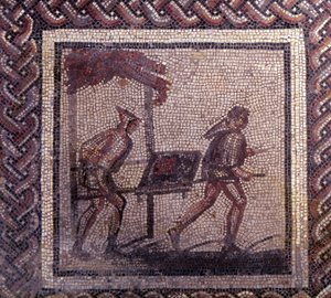 Gallorömische Kunst: Mosaikpflaster, das einen rustikalen Kalender darstellt. Misttransportszene. Ende 2., Anfang 3. Jahrhundert n. Chr. Aus Saint-Romain-en-Gal (Rhône). Saint-Germain-en-Laye, Nationalmuseum für Archäologie