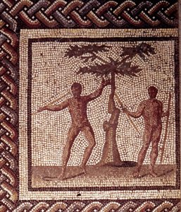 Gallorömische Kunst: Mosaikpflaster, das einen rustikalen Kalender darstellt. Erntefest. Ende 2. Anfang 3. Jahrhundert nach Christus. Aus Saint-Romain-en-Gal (Rhône). Saint Germain en Laye, Nationalmuseum für Archäologie