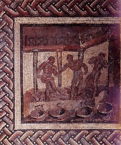 Gallorömische Kunst: Mosaikpflaster, das einen rustikalen Kalender darstellt. Szene des Traubenstampfens in einem Bottich. Ende 2. Anfang 3. Jahrhundert nach Christus. Aus Saint-Romain-en-Gal (Rhône). Saint Germain en Laye, Nationalmuseum für Archäologie