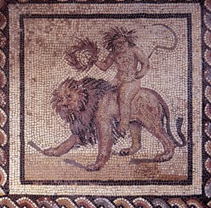 Gallorömische Kunst: Mosaikpflaster, das einen rustikalen Kalender darstellt. Sommerallegorie über einen Löwen. Ende 2. Anfang 3. Jahrhundert nach Christus. Aus Saint-Romain-en-Gal (Rhône). Saint Germain en Laye, Nationalmuseum für Archäologie