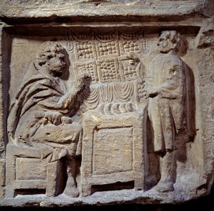 Kunst der Gallorömer: eine Bäckerei. Ein Kunde kauft Brot von einem Bäcker