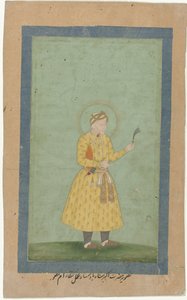 Porträt von Akbar, stehend, mit Federbusch in der Hand von Gangaram (attributed to)