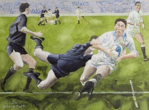 Rugbyspiel: England gegen Neuseeland im Weltcup, 1991, Rory Underwood wird getackelt von Gareth Lloyd Ball