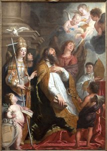 Der heilige Augustinus von Hippo in Ekstase. Der Heilige fiel in Ohnmacht, als er ein brennendes Herz sah, das von Engeln umgeben war. Links die Taube des Heiligen Geistes. Gemälde von Gaspar de Crayer (1584-1669), flämische Kunst des 17. Jahrhunderts
